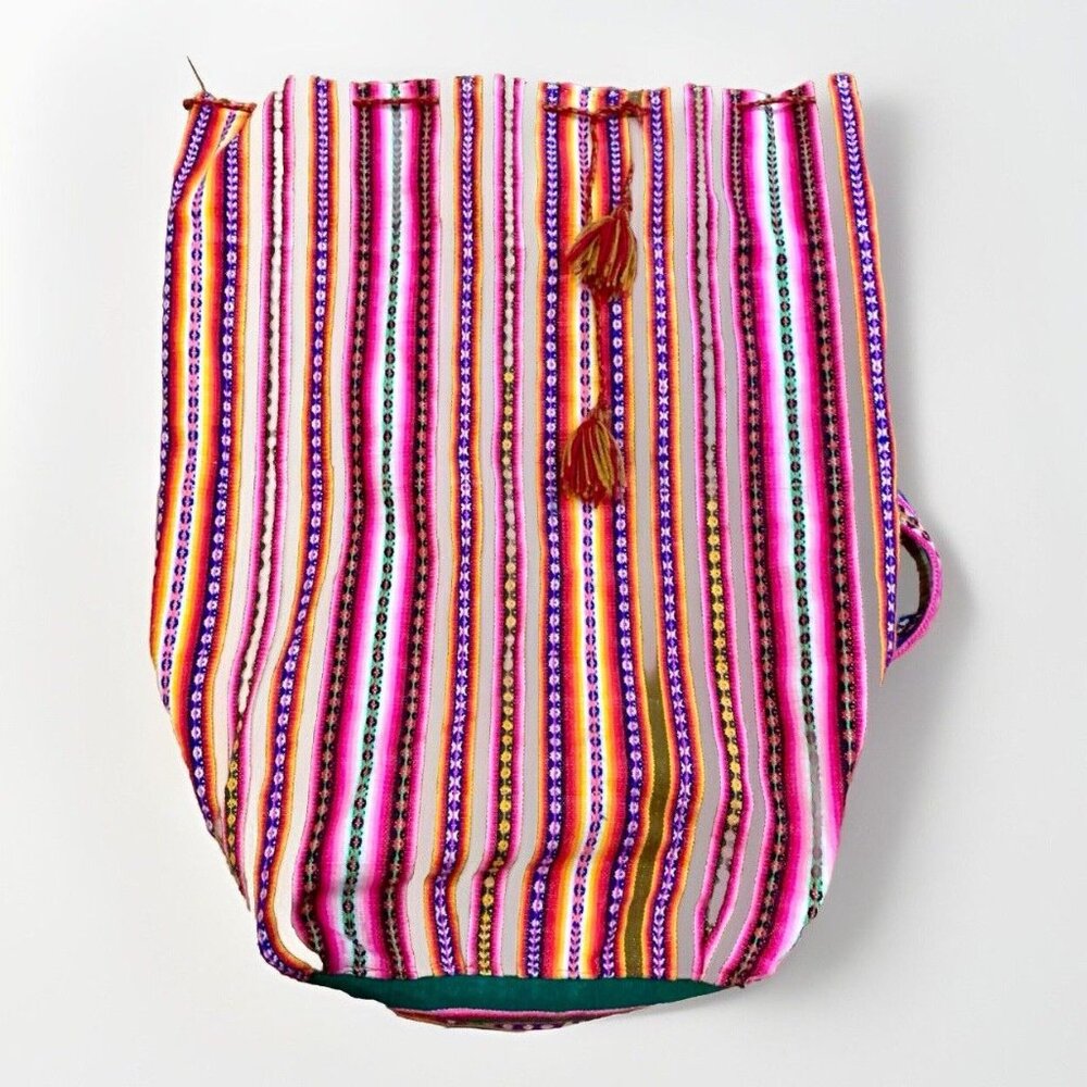 Guatemalan Beach Laundry Drawstring Backpack Handmade Wool Blend Handbag